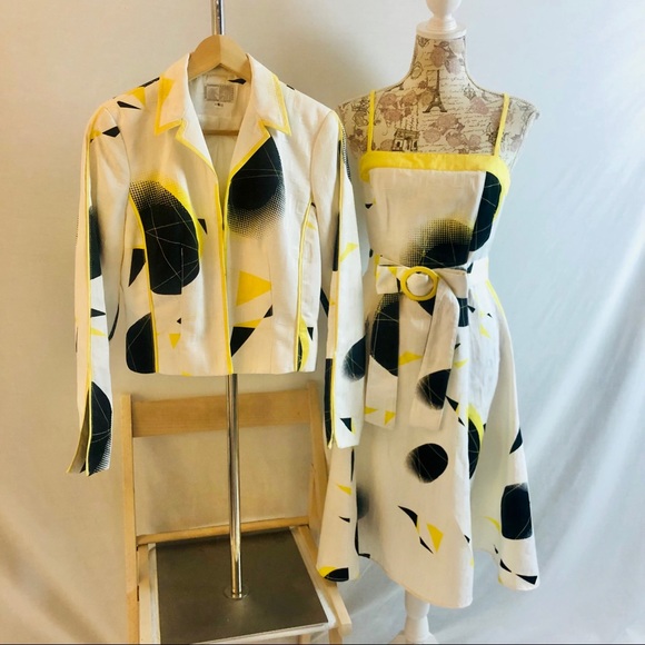 Vintage 90s Alberto Makali Dress and Jacket White Black Yellow Print Size 4 & 6 - Picture 1 of 16